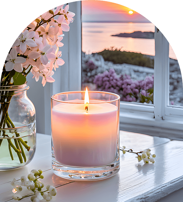 A candle and flowers on a table by the window.